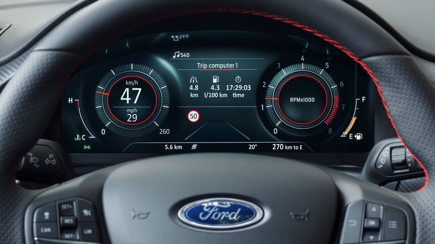 Ford Puma, Detailansicht der digitalen Instrumententafel.