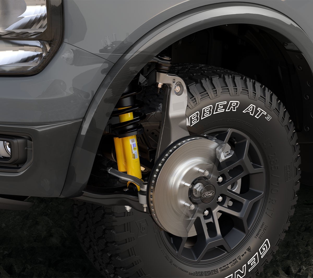 Ford Ranger Tremor in Grau, Detailansicht der Stoßdämpfer.