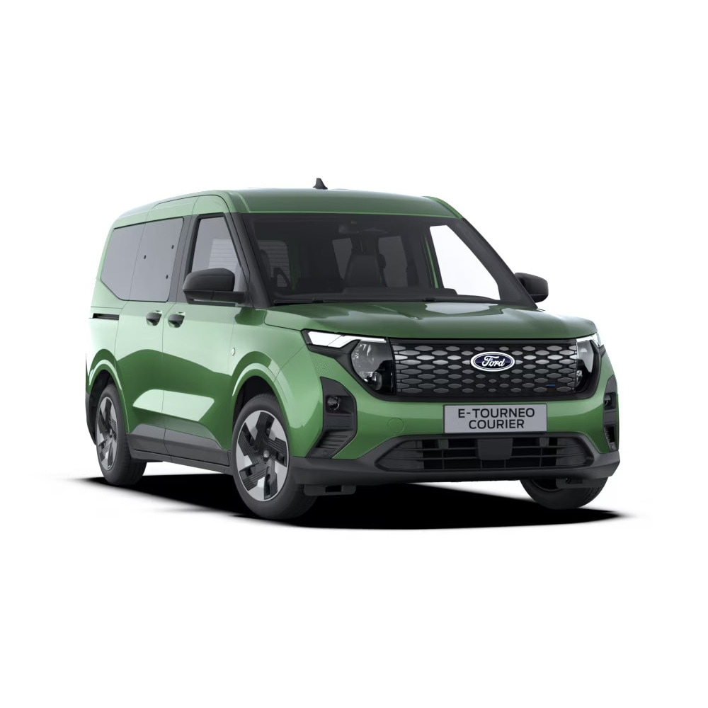 Ford E-Tourneo Courier in Grün. Dreiviertelansicht von rechts. 