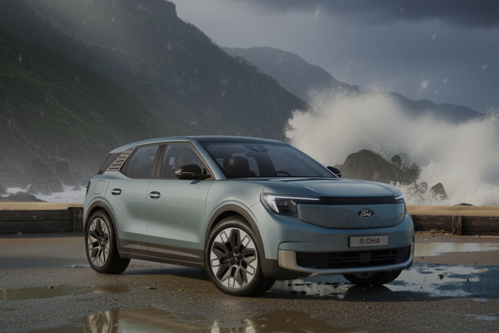 Ford Explorer in Blau, Dreiviertelansicht. Parkt vor einem See mit Bergen im Hintergrund. 