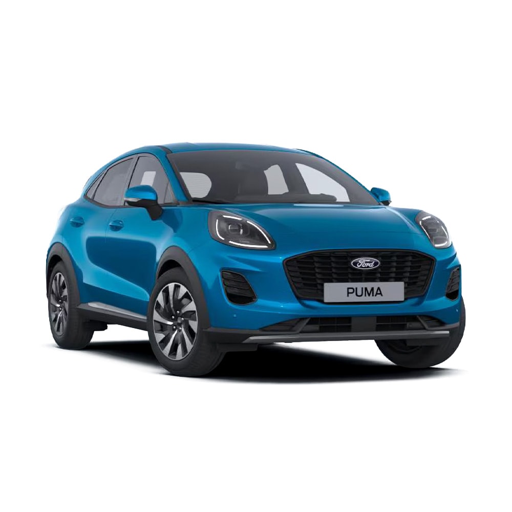 Ford Puma in Blau. Dreiviertelansicht von rechts. 