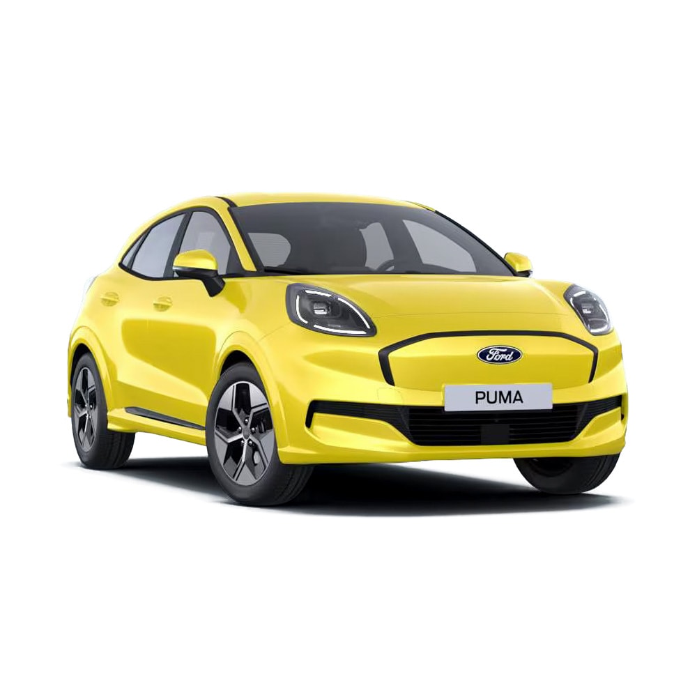 Ford Puma Gen-E in Gelb. Dreiviertelansicht von rechts.
