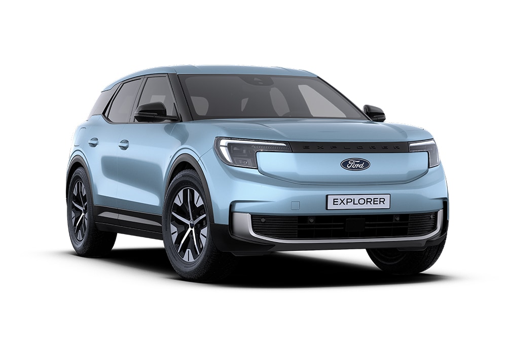 Ford Explorer in Blau. Dreiviertelansicht, steht vor einem weißen Hintergrund.