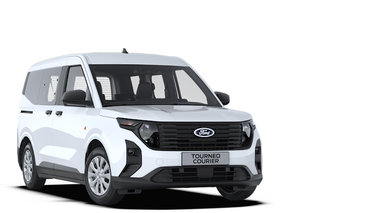 Ford Tourneo Courier Active in Weiß. Dreiviertelansicht, stehend vor einem weißen Hintergrund.