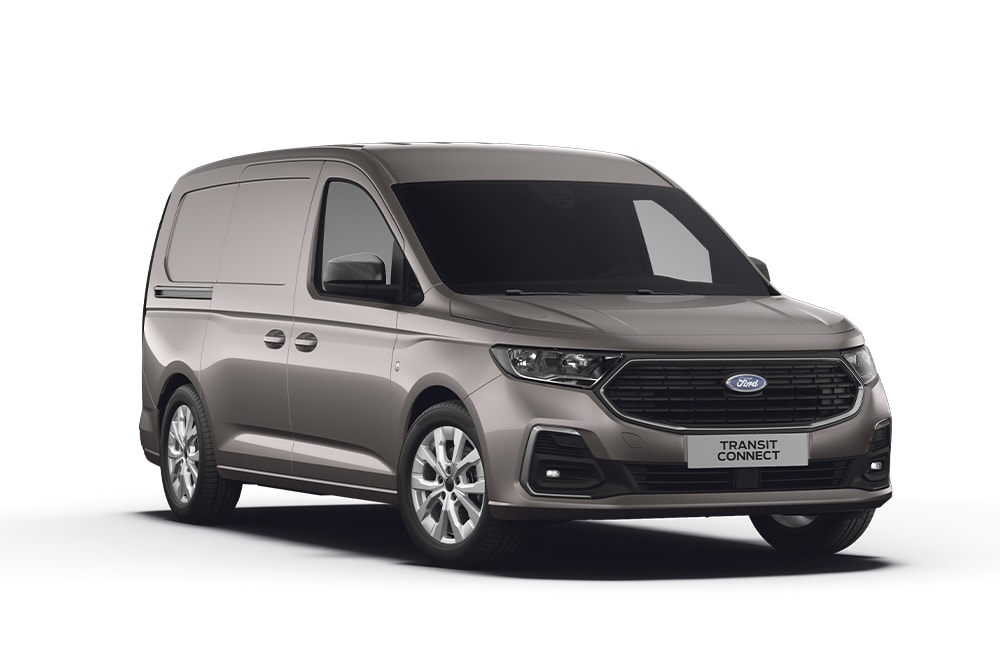 Ford Transit Connect in Silber. Dreiviertelansicht, stehend vor einem weißen Hintergrund.