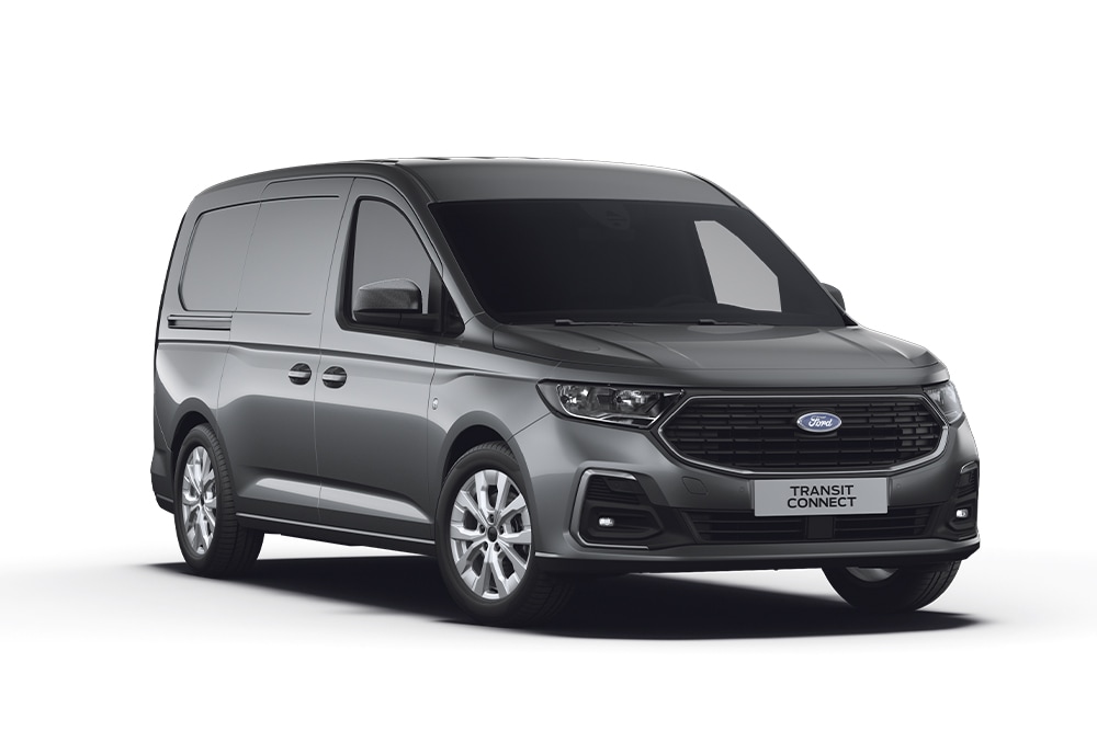 Ford Transit Connect PHEV in Schwarz. Dreiviertelansicht, stehend vor einem weißen Hintergrund.