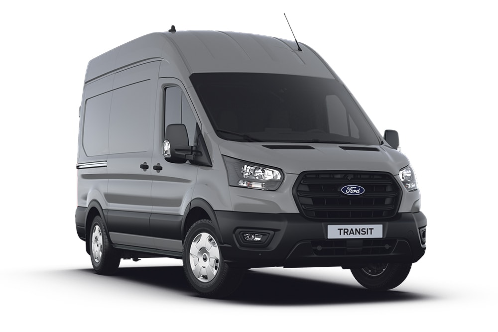 Ford Transit in Grau. Dreiviertelansicht, stehend vor einem weißen Hintergrund.