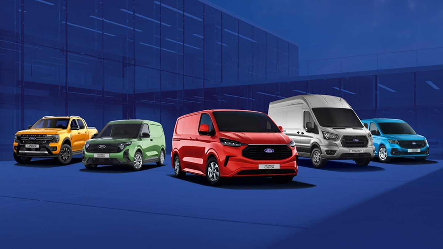 Ford Ranger, Transit Connect, Transit Custom, Transit und Transit Courier vor einem blauen Hintergrund.