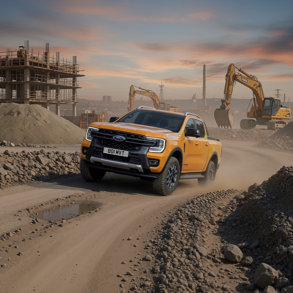Ford Ranger in Gelb. Frontansicht, fährt auf einer Baustelle mit Baggern im Hintergrund.