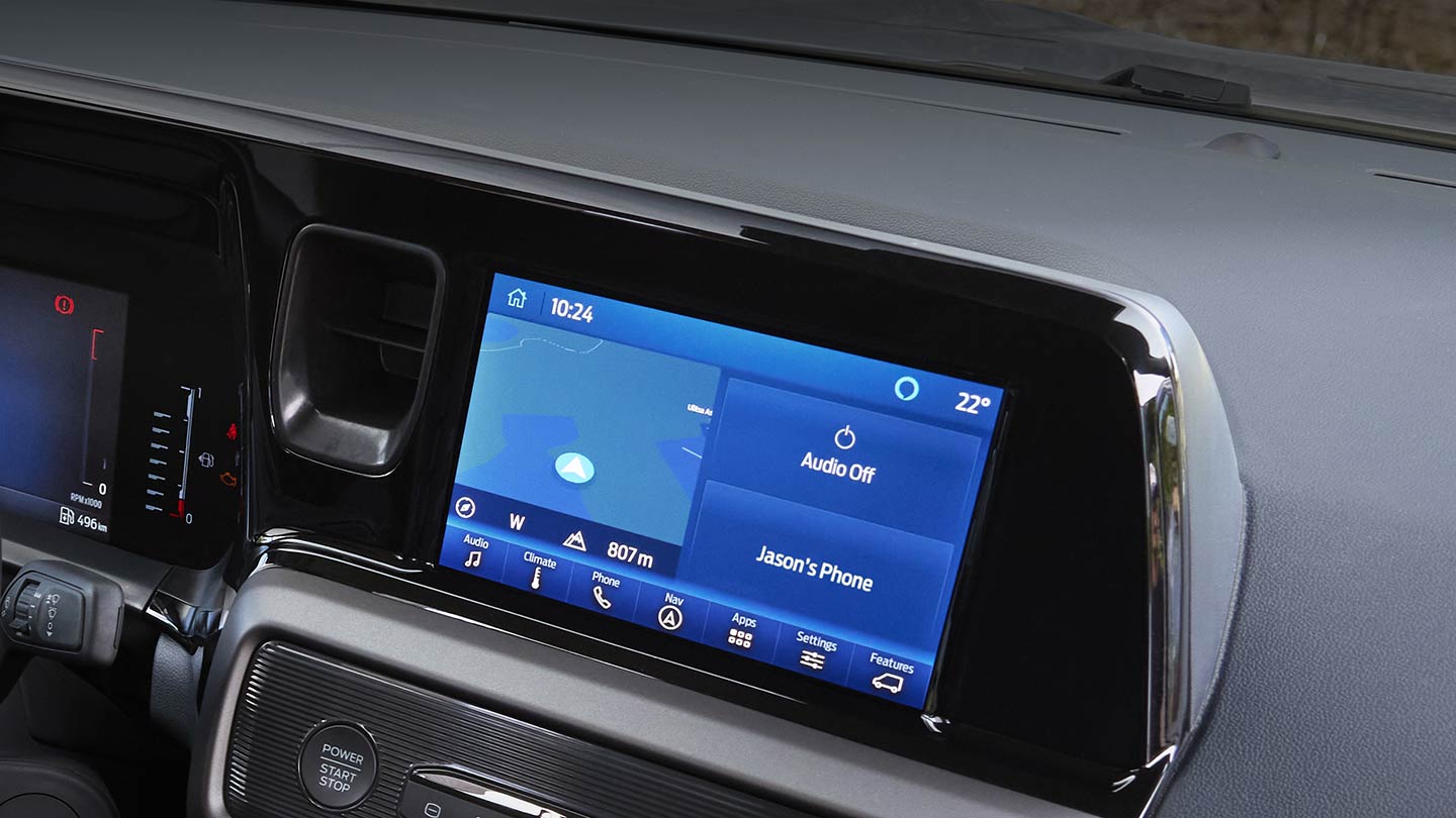 Ford Tourneo Courier Innenraum. Detailansicht der Telefonhalterung.