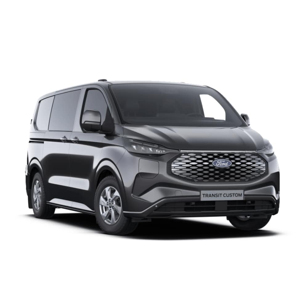 Ford Transit Custom Limited in Schwarz. Dreiviertelansicht, vor einem weißen Hintergrund.
