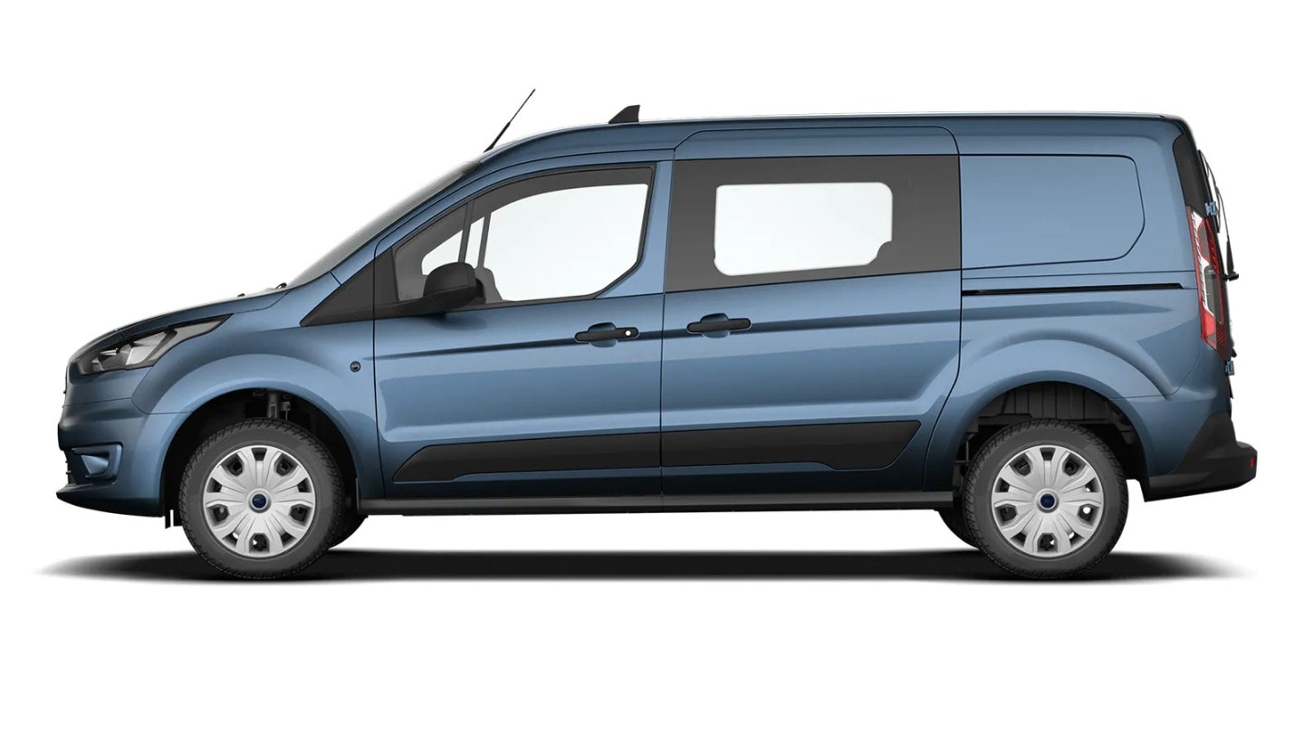 Ford Transit Connect Doppelkabine in Blau. Seitenansicht, Freisteller