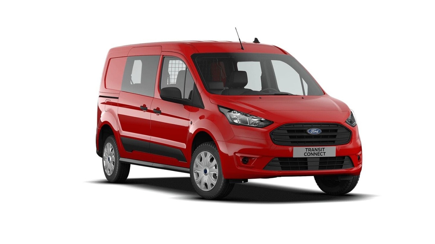 Ford Transit Connect Doppelkabine in Rot. Dreiviertelansicht, Freisteller
