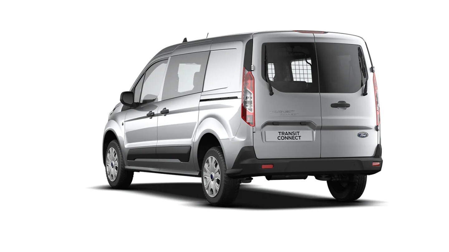 Ford Transit Connect Doppelkabine in Silber. Heckansicht, Freisteller