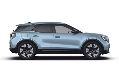 Ford Explorer in Blau. Seitenansicht, stehend vor einem weißen Hintergrund.