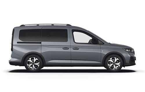 Ford Tourneo Connect in Grau. Seitenansicht, stehend vor einem weißen Hintergrund.