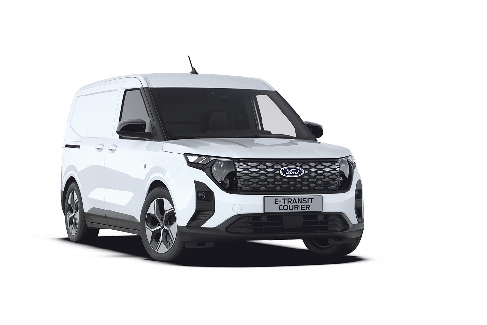 Ford E-Transit Courier in Weiß. Dreiviertelansicht.