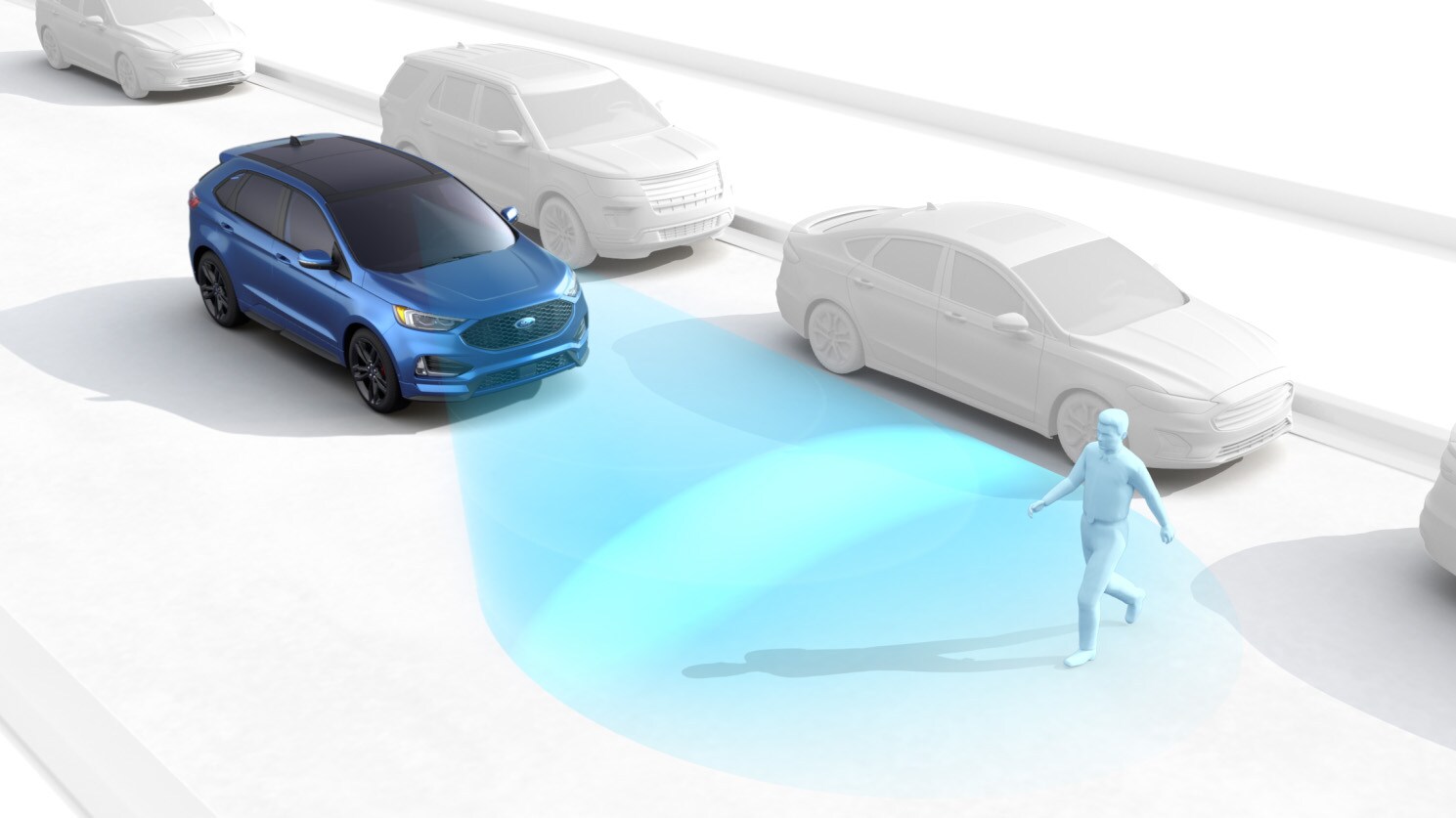 Ein blaues Ford Fahrzeug zeigt eine Grafik mit Warnsystem-Funktion, das einen Fußgänger über eine Kamera erkannt hat.