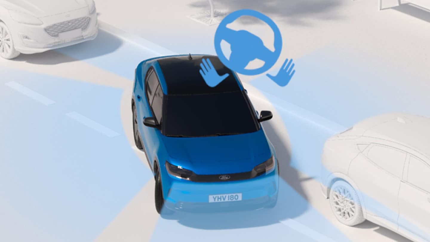 Illustration eines Ford Fahrzeug, das den aktiven Park-Assistenten demonstriert.