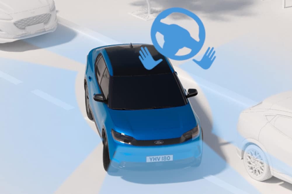 Illustration eines Ford Fahrzeug, das den aktiven Park-Assistenten demonstriert.