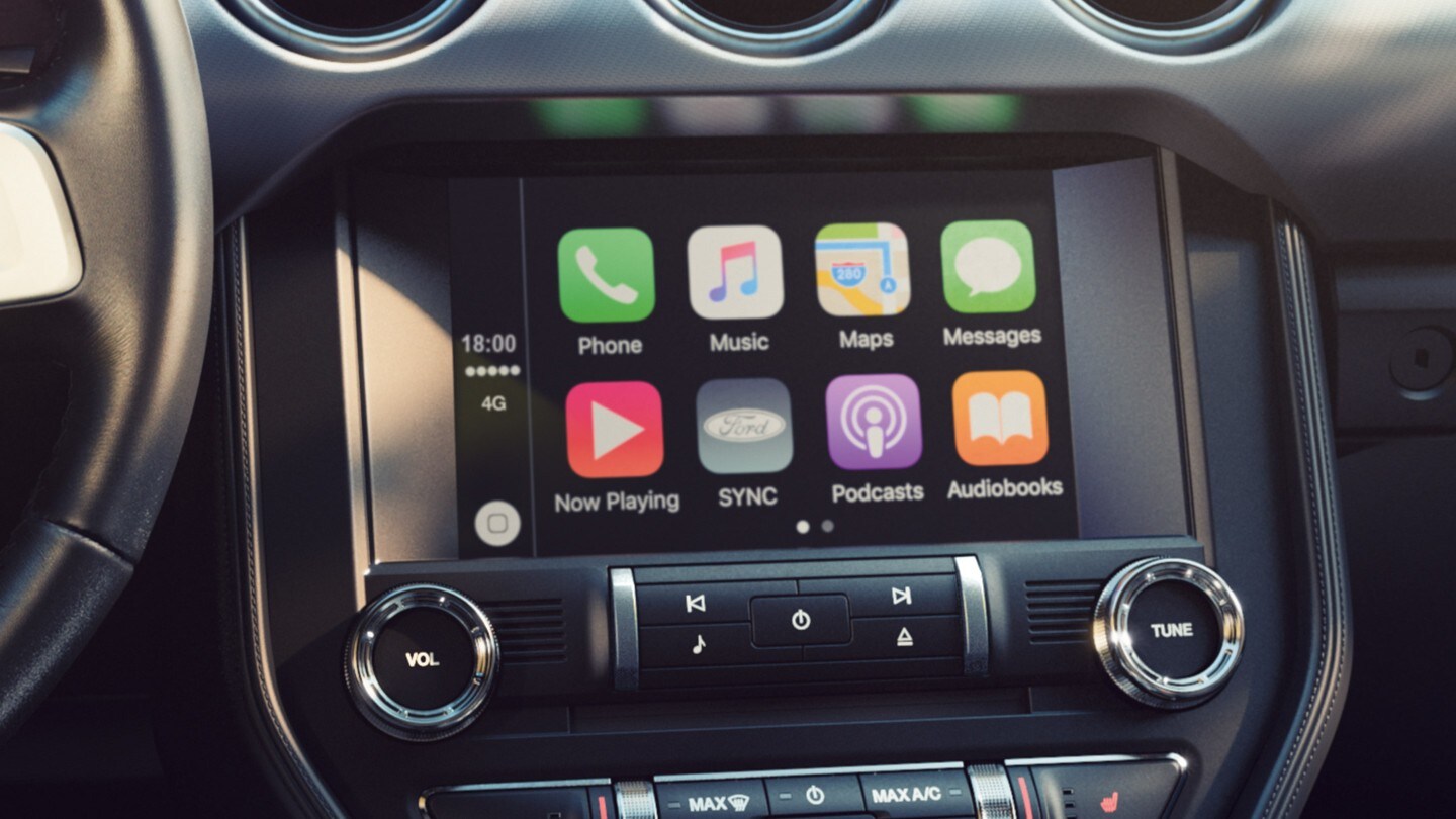 Ford Mustang. Detailansicht des Menüdisplays mit Apple CarPlay