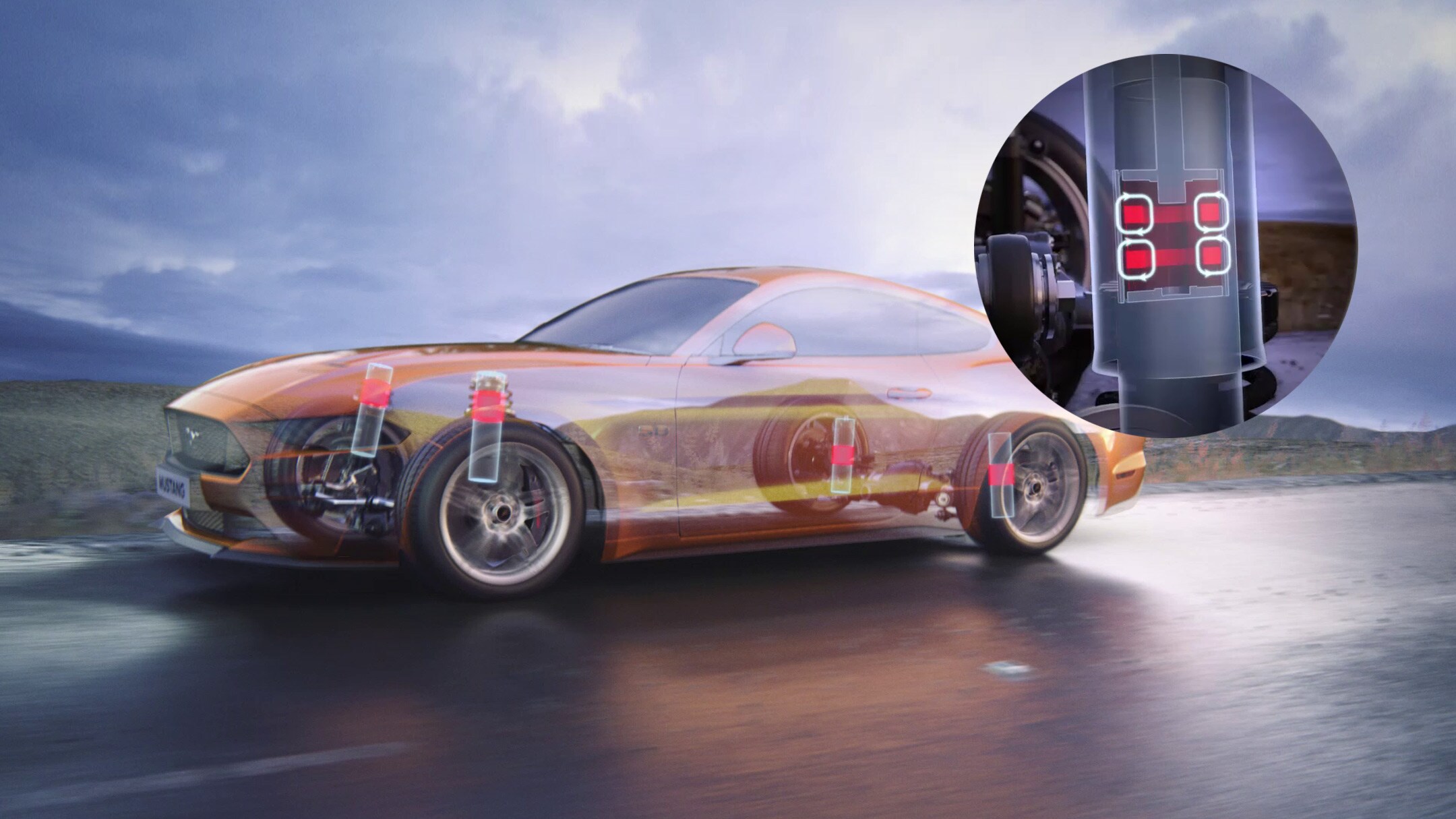 Ford Mustang in Transparent. Seitenansicht, fahrend über eine nasse Landstraße mit visualisierter Verortung der Stoßdämpfer