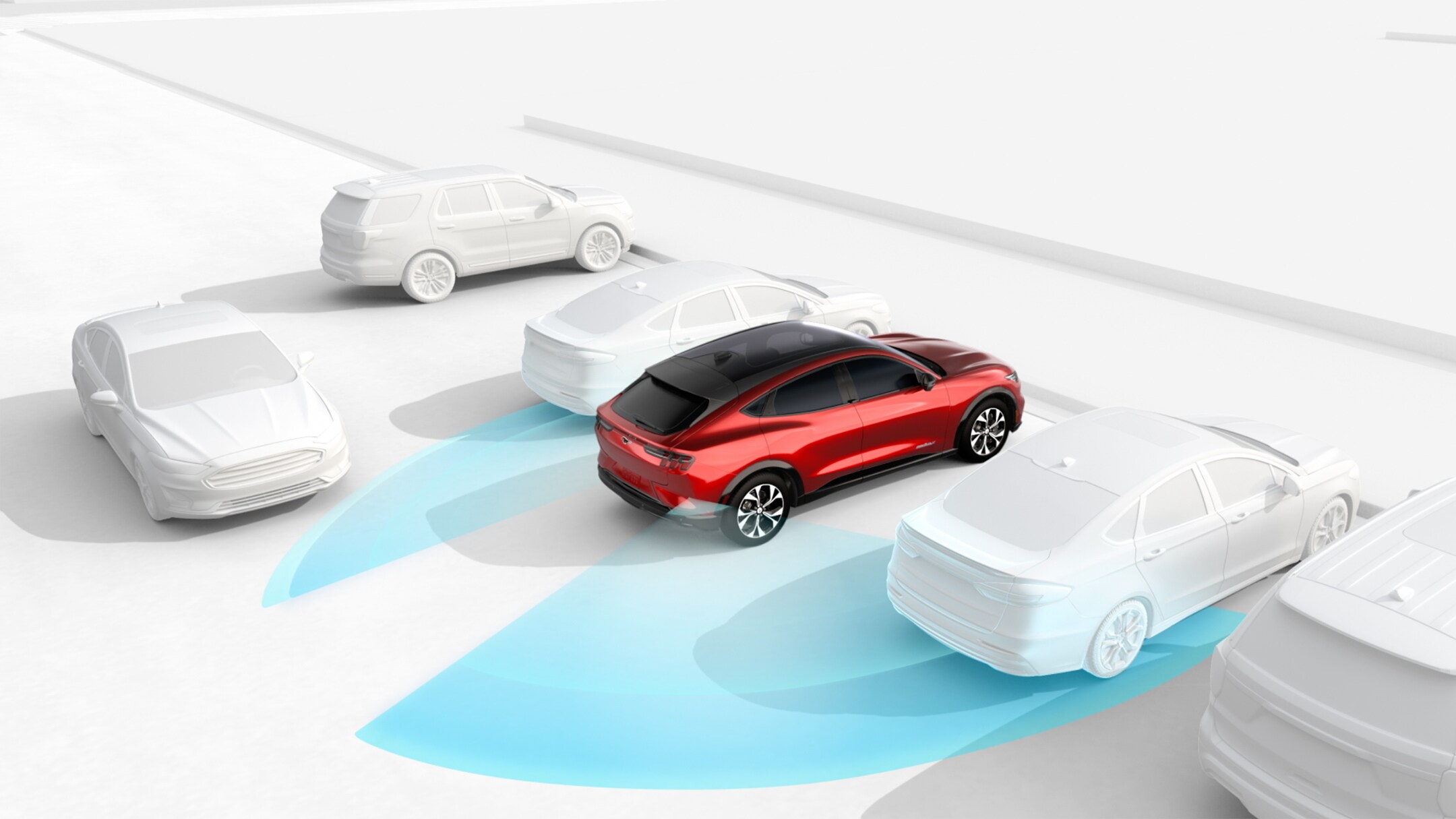 Ford Mustang Mach-E. Illustration Toter-Winkel-Assistent und Querverkehrswarnung