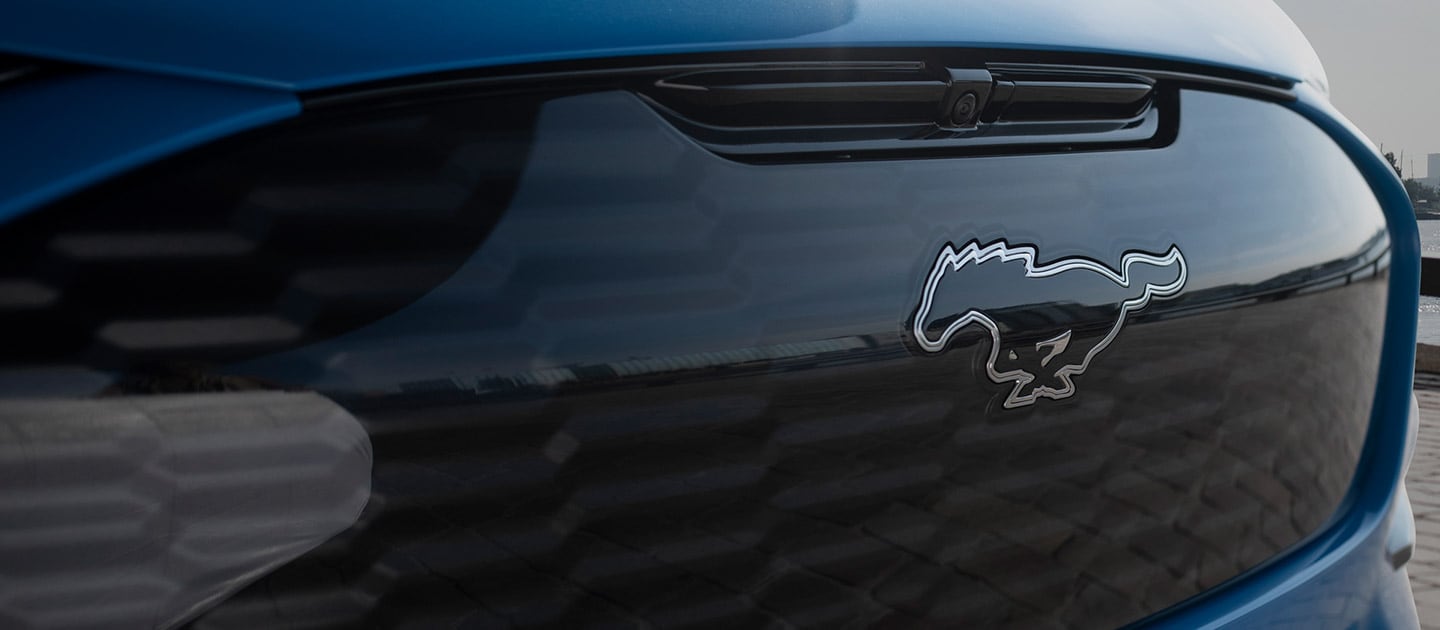 Ford Mustang Mach-E in Blau. Detailansicht des Kühlergrills und Ford-Logos.