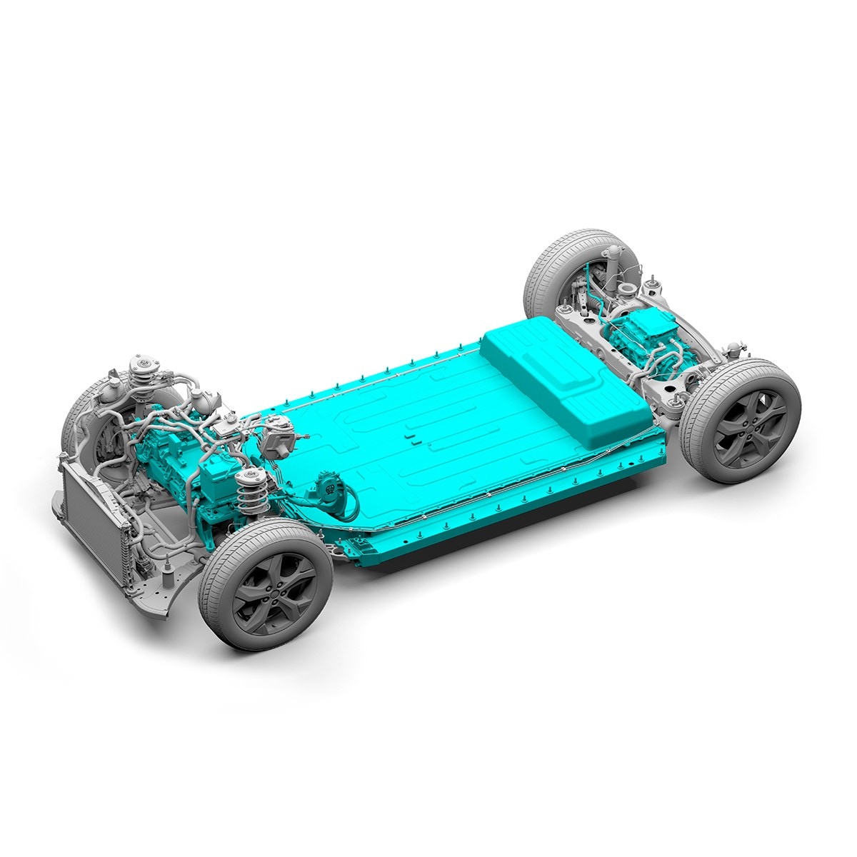 Ford Mustang Mach-E. Visualisierung Fahrgestell mit Batterie im Unterboden