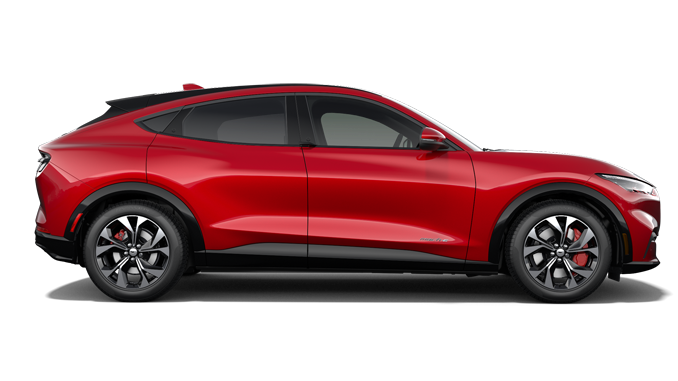 Ford Mustang Mach-E AWD in Rot. Seitenansicht