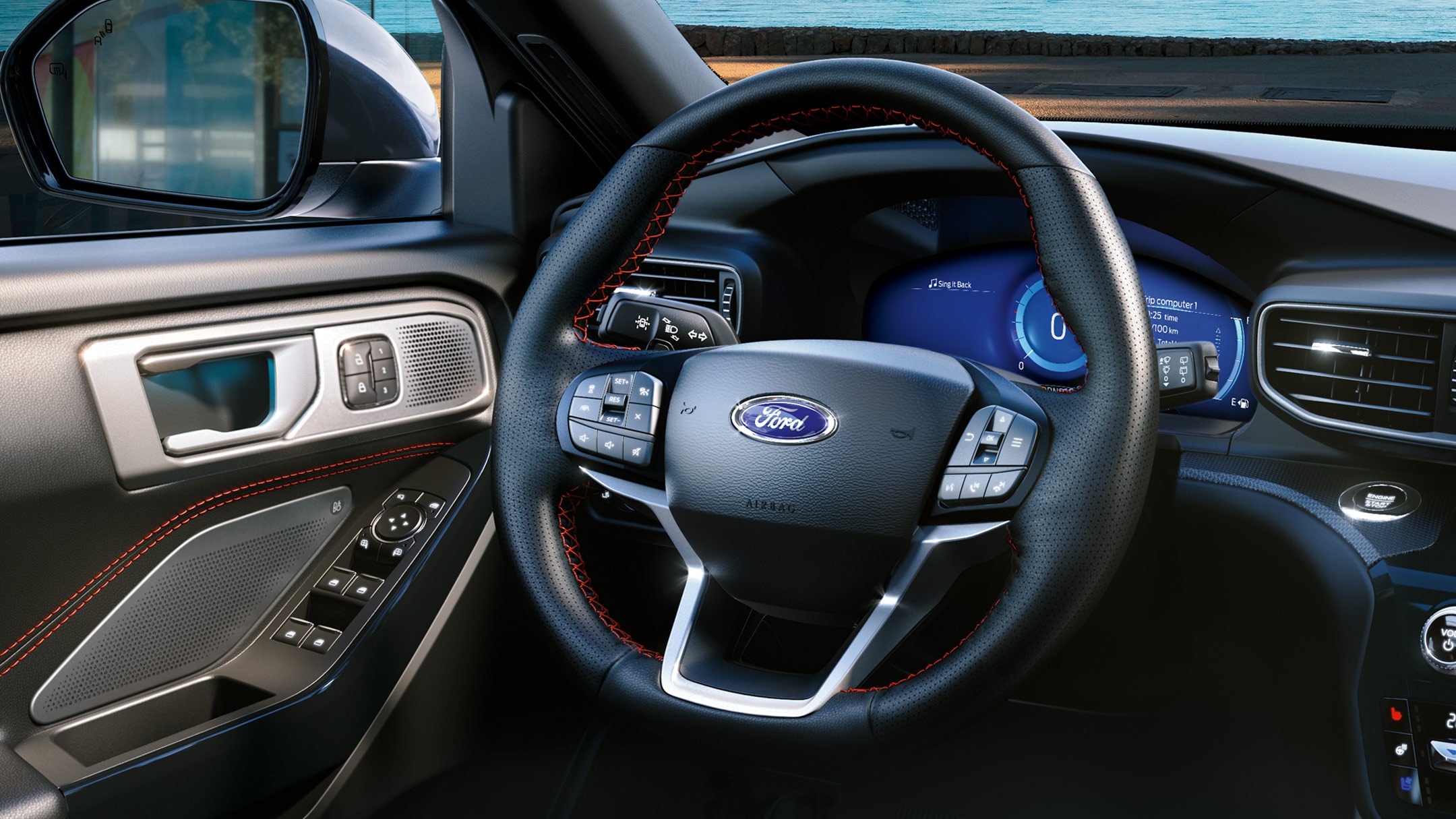 Ford Explorer Plug-in-Hybrid. Innenraum Detailansicht beheizbares Lederlenkrad im ST-Line-Design