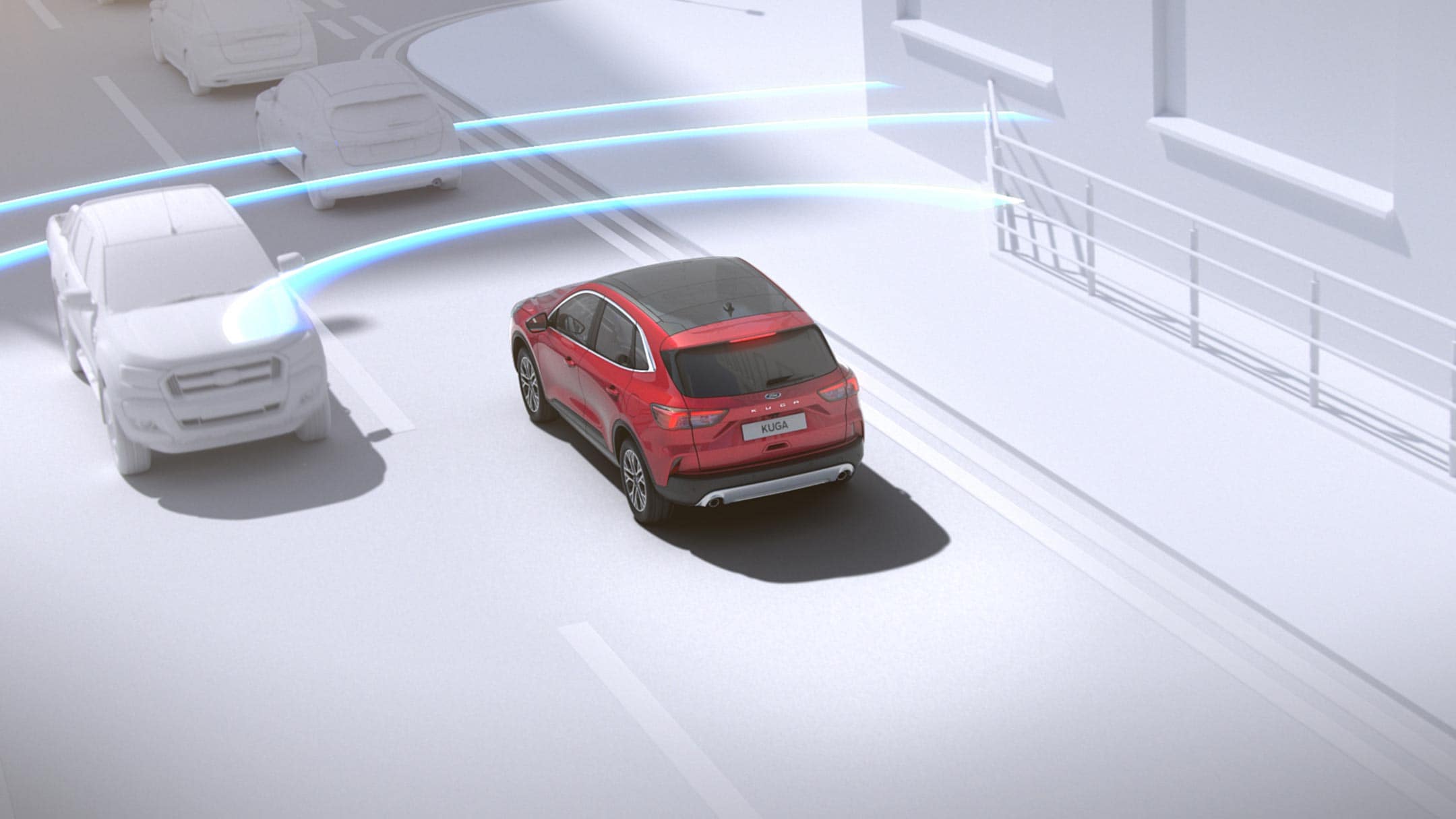 Ford Kuga in Rot. Animiertes Darstellungsvideo des Pre-Collision-Assist