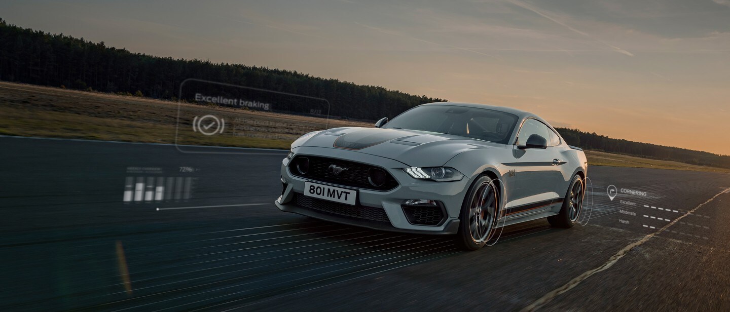 Ford Mustang Mach 1 in Weiß. Dreiviertelansicht, auf einer Landstraße