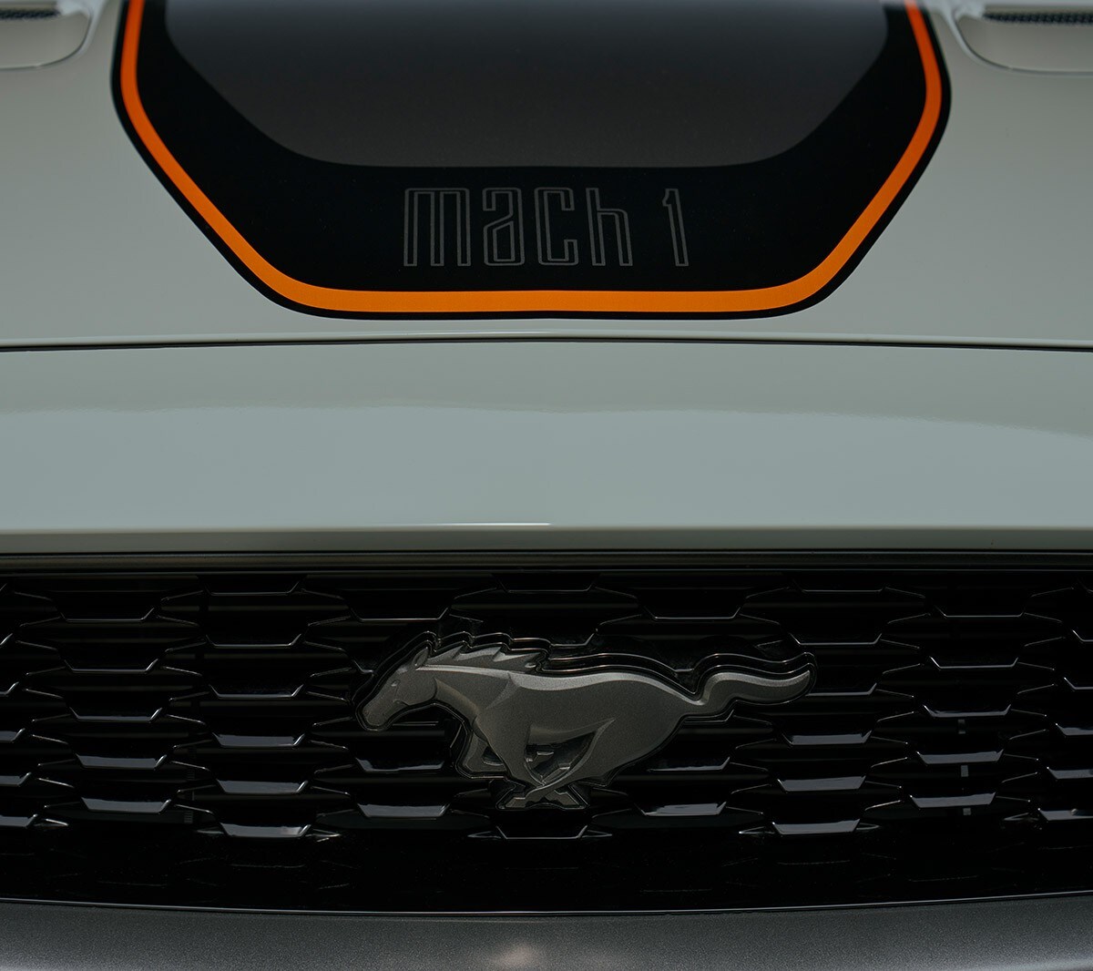 Ford Mustang Mach 1 in Weiß. Detailansicht des Pony-Logos auf dem Kühlergrill