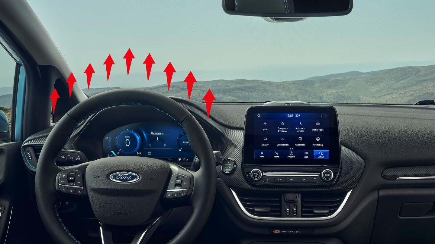 Ford Fiesta Innenraum. Ansicht Fahrerseite, Visualisierung beheizbares Lenkrad