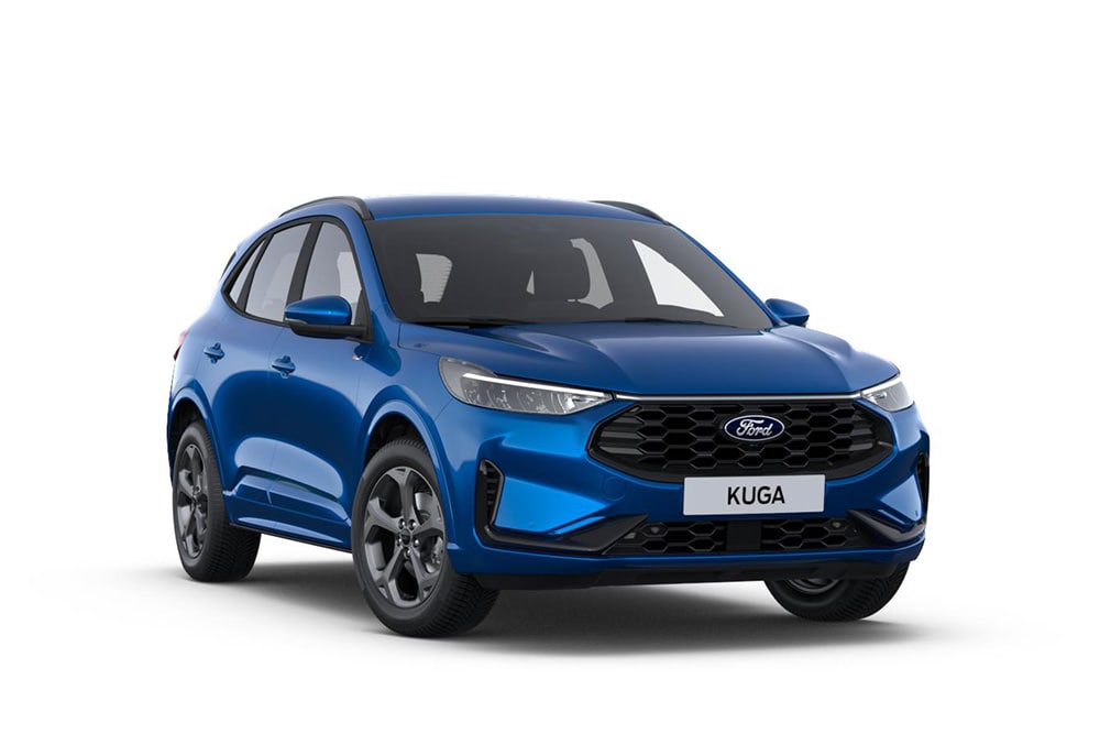 Ford Kuga ST-Line in Blau. Dreiviertelansicht, vor einem weißen Hintergrund.