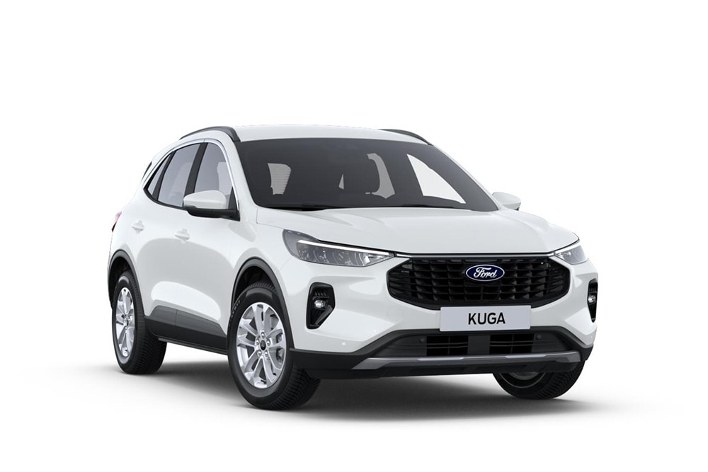 Ford Kuga Titanium in Weiß. Dreiviertelansicht, vor einem weißen Hintergrund.