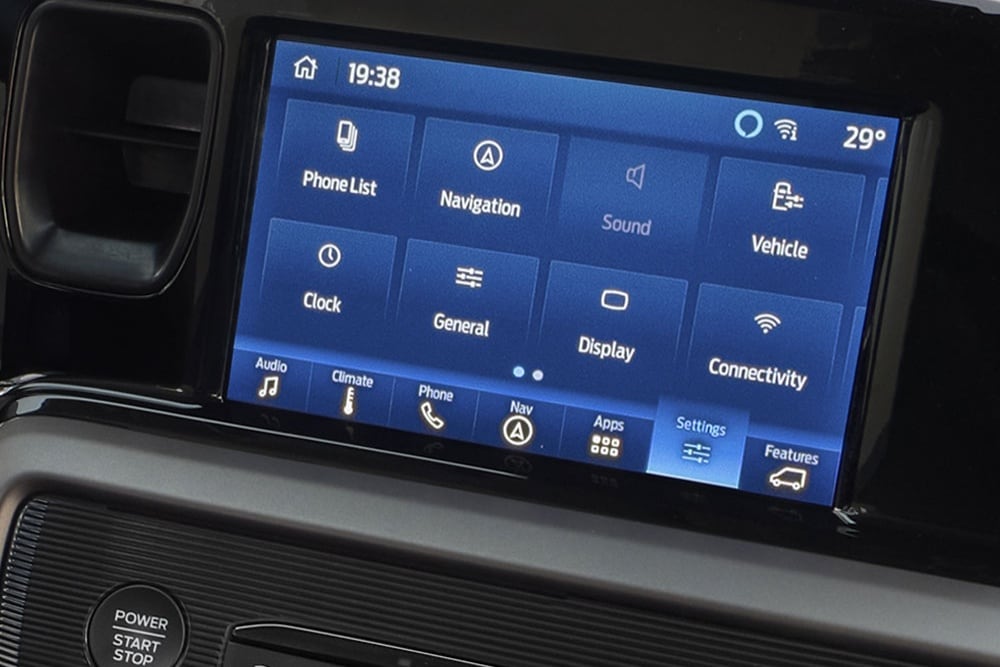 Ford Tourneo Courier Innenraum. Detailansicht Ford SYNC 4-Touchscreen.