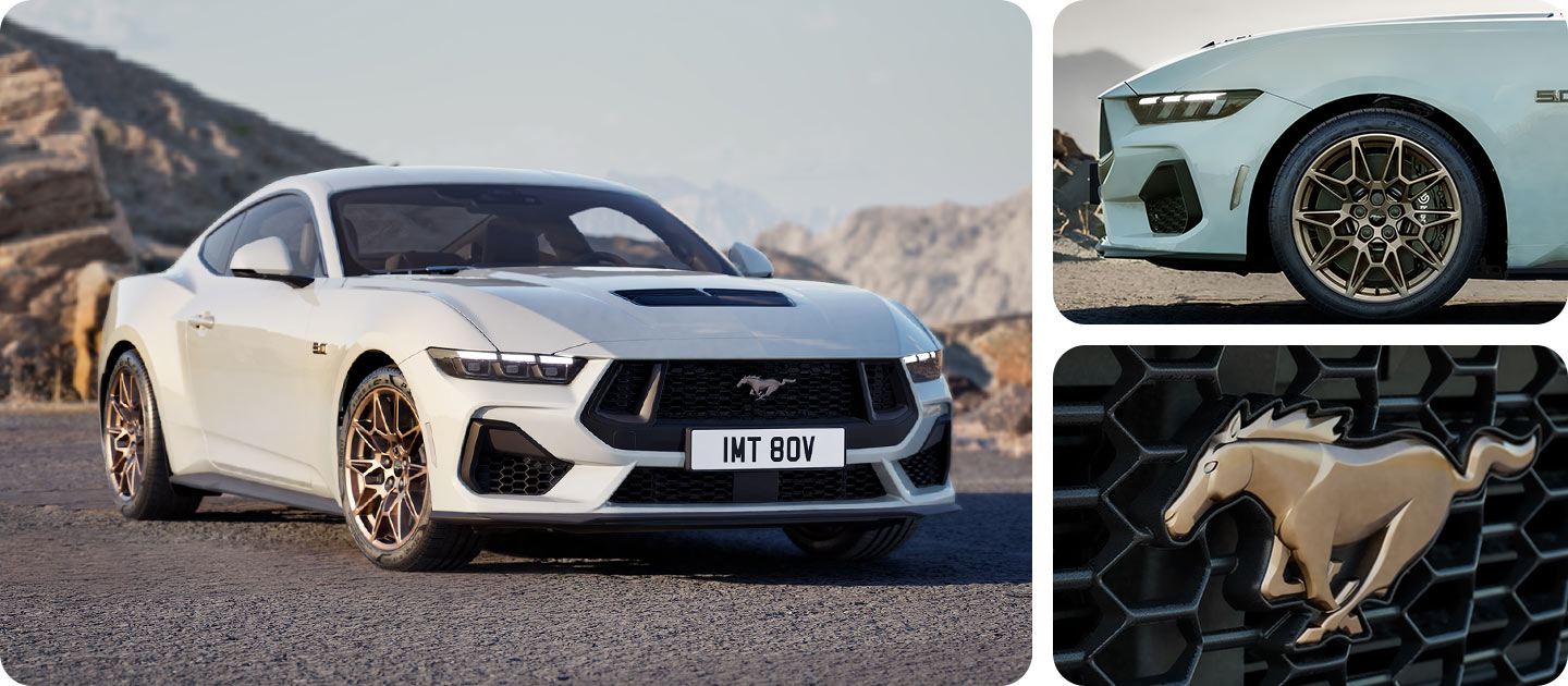 Ford Mustang mit Bronze Styling-Paket in Weiß. Dreiviertelansicht, stehend auf einer Straße. Detailansicht der Leichtmetallräder und des Mustang-Logos.