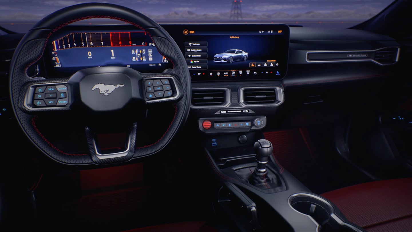 Ford Mustang Innenraum. Detailansicht Lenkrad und Touchscreen.