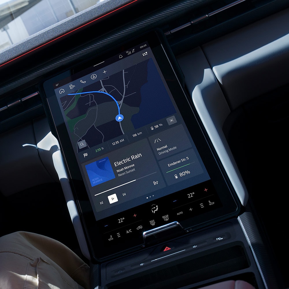Close up of a Ford Capri® dashboard, showing the vehicle's connected navigation capabilities.