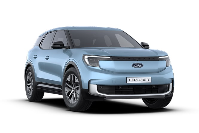 Ford Explorer in Blau. Dreiviertelansicht, stehend vor einem grauen Hintergrund.