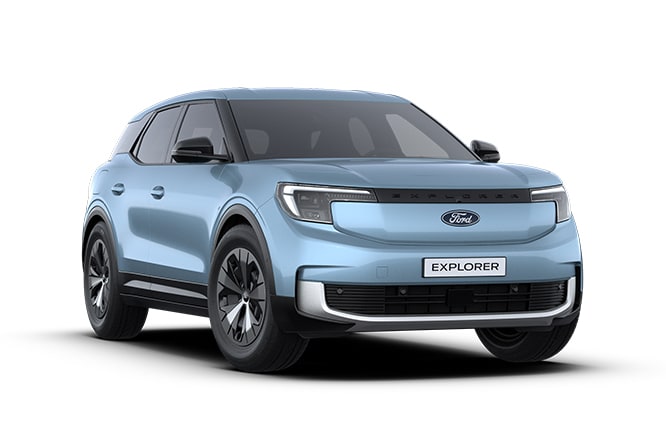 Ford Explorer in Blau. Dreiviertelansicht, steht vor einem weißen Hintergrund.