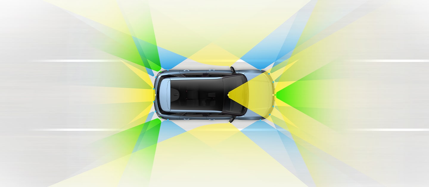 Ford Explorer, Vogelperspektive. Illustration Fahrerassistenzsystem.