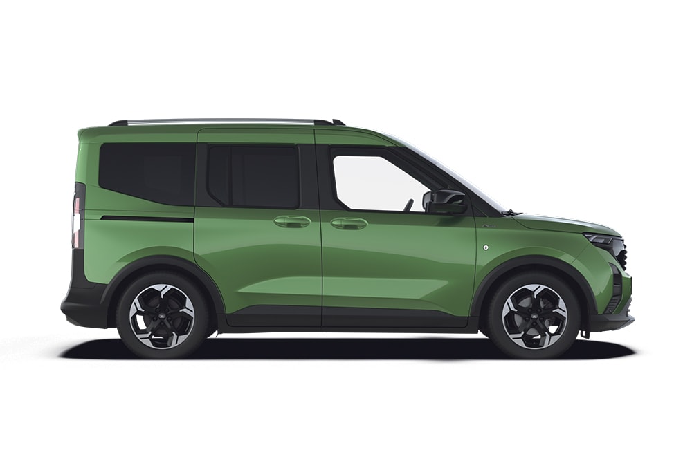 Ford Tourneo Courier in Grün. Seitenansicht vor weißem Hintergrund. Teil der Vans- & Kleinbusse von Ford.