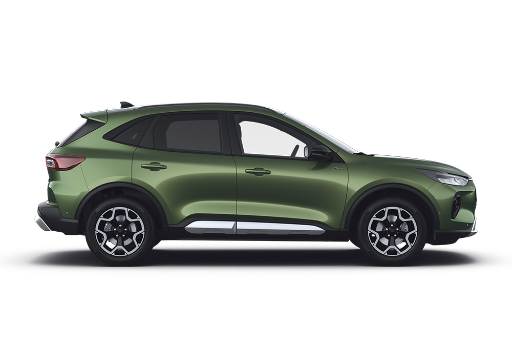 Ford Kuga in Grün. Seitenansicht vor weißem Hintergrund. SUV-Modell von Ford.