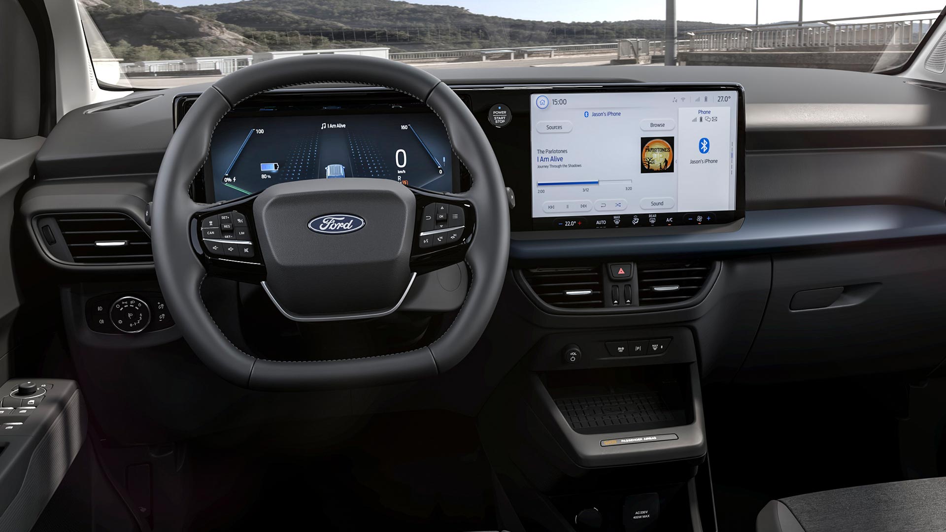 Ford E-Tourneo Courier Innenraum. Ansicht auf Lenkrad und SYNC 4-Touchscreen.