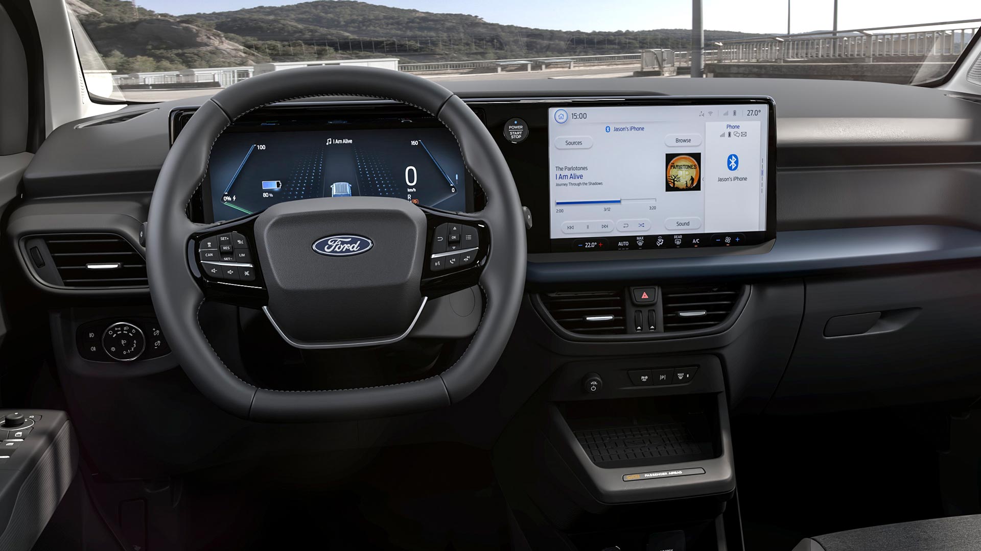 Ford E-Tourneo Courier Innenraum. Ansicht auf Lenkrad und SYNC 4-Touchscreen.