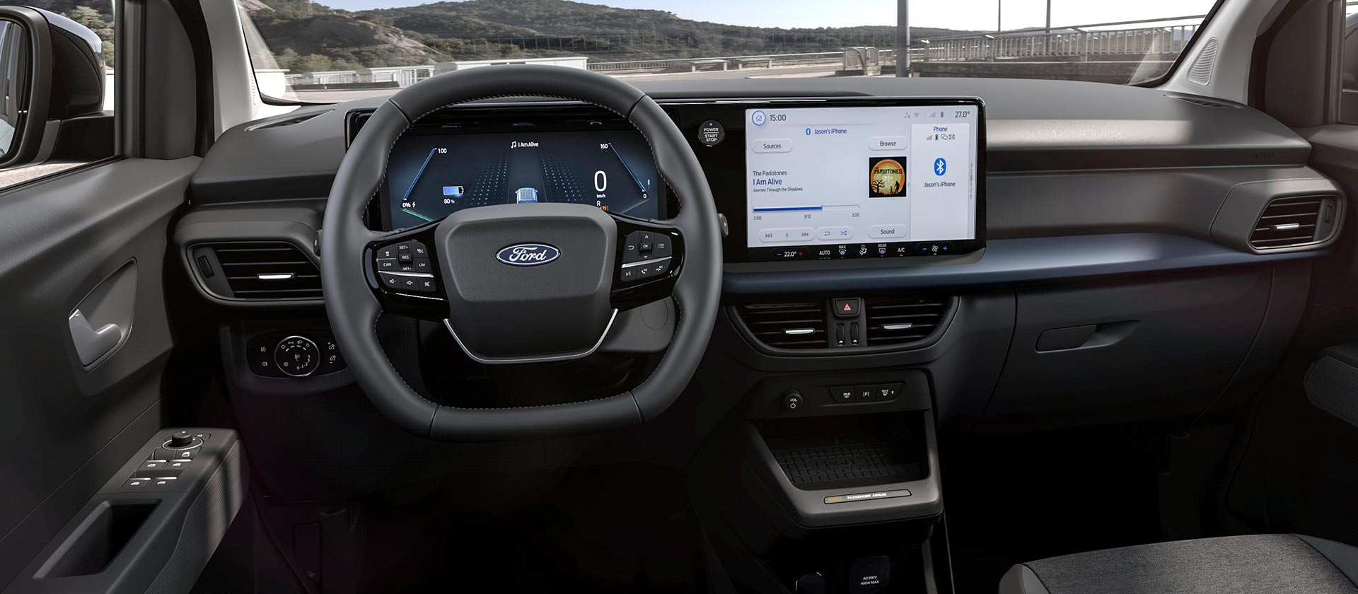 Ford E-Tourneo Courier Innenraum. Ansicht auf Lenkrad und SYNC 4-Touchscreen.