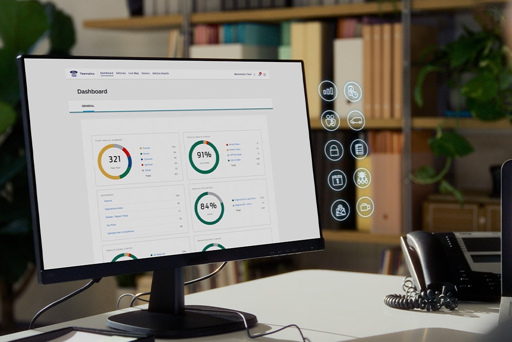 Ansicht auf einen PC-Bildschirm mit geöffnetem Telematics-Dashboard.